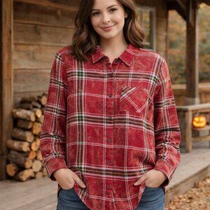 MYSTREE Red Multi Plaid Mineral Wash Button Front Shirt Long Sleeve Collared